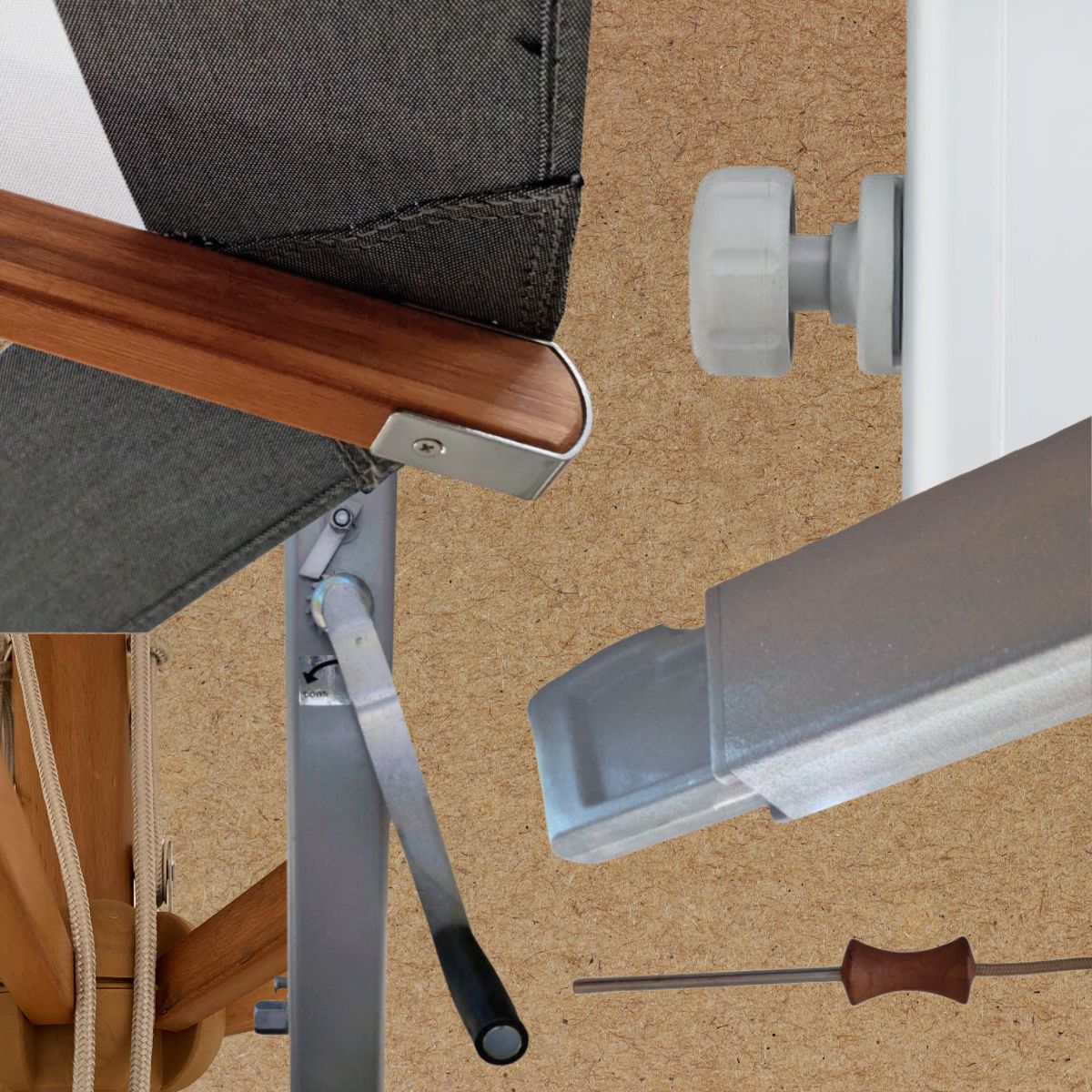 A collage of umbrella spare parts over a cardboard background.